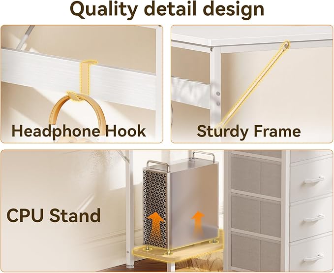 Casaottima L Shaped Desk with 4 Drawers, 47" White Computer Desk with Storage, Reversible Kids Study Table with CPU Stand & Hook, Corner Work Table for Home Office