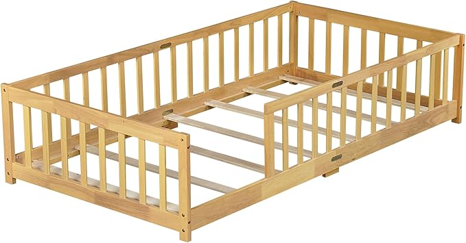 Bellemave Twin Floor Bed with Slats and Safety Guardrails, Kids Montessori Floor Beds with Fence and Without Door, Easy Assemble Floor Bed for Kids, Girls, Boys, Natural