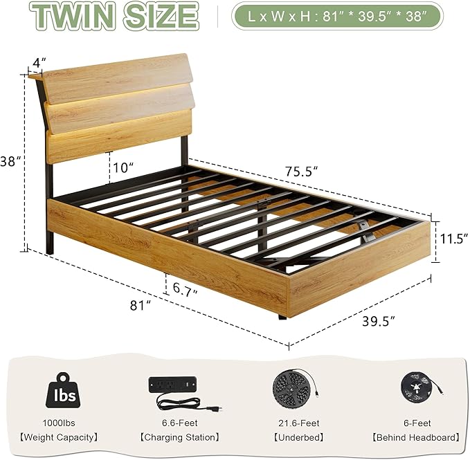 Feonase Floating Bed Frame Twin with Led Lights and Charging Station, Wood Full Size Bed Frame with Storage Headboard, Heavy Duty Metal Slats, No Box Spring Needed, Easy Assembly,Oak