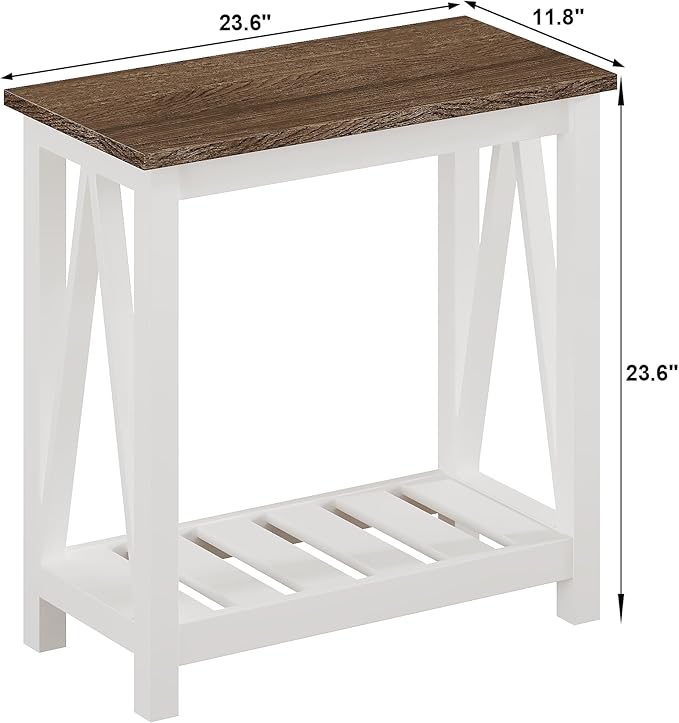 ChooChoo Farmhouse End Table, Narrow Side Table, Slim End Table with Storage Shelf for Small Spaces, Rustic Nightstand, for Living Room, Bedroom White