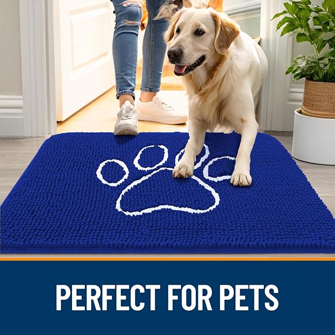 OLANLY Door Mat for Muddy Dog Paws 30x20, Ultra Absorbent Chenille Mud Doormat with Paw Print Design, Non-Slip Washable Doormat for Indoor Entryway, Quick-Dry Pet Bed Mats for Dirty Dogs, Royal Blue