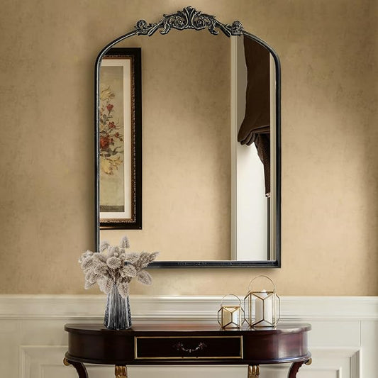 Wall Mirror Window Decorative Traditional Mirrors Antique Arched Farmhouse for Living Room Bedroom Entryway Bathroom Vanity (36 * 24 * 1.2, Black)