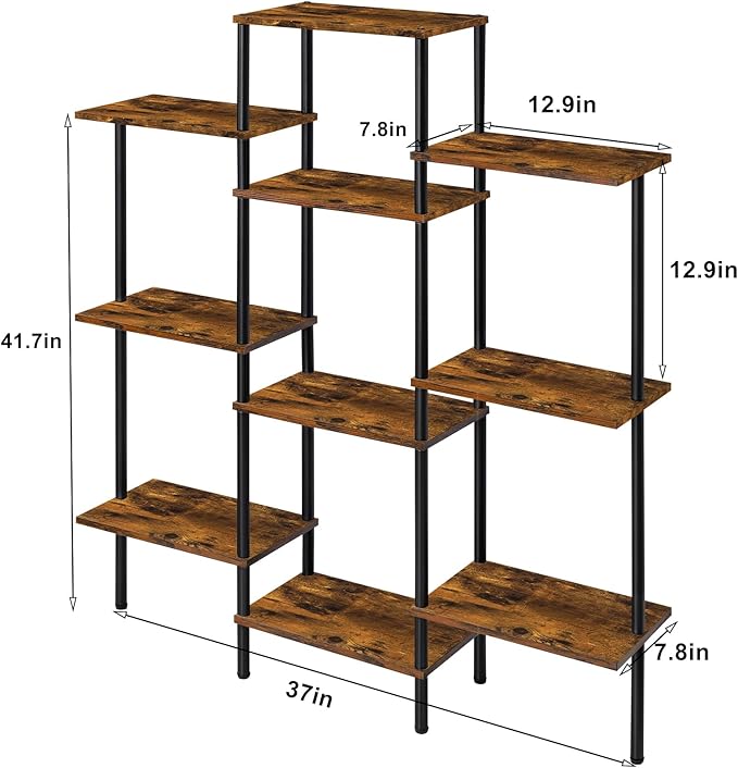 Shinoske 4-Tier Bookshelf,Small Triple Wide Bookcase for Books,CDs,Movies,Display Shelf with 10 Open Shelves for Living Room,Home Office,Balcony,Rustic Brown