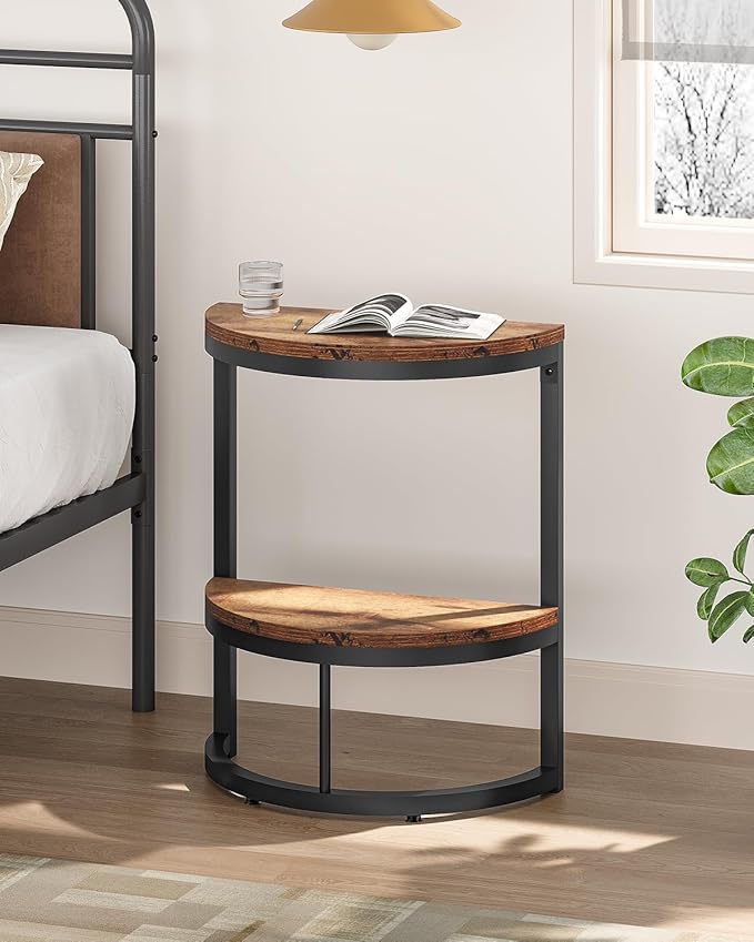 LITTLE TREE 2-Tier End Table Half Round with Storage Shelf, Small Side Table Space Saving Narrow Accent Table for Living Room Sofa Couch, Bedroom, Rustic Brown