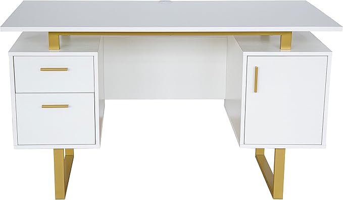 Techni Mobili Storage Drawers and Cabinet 51.25” W-Modern Office Large Floating Desktop Surface Desk, 23.6" D x 51.2" W x 29.8" H, White/Gold