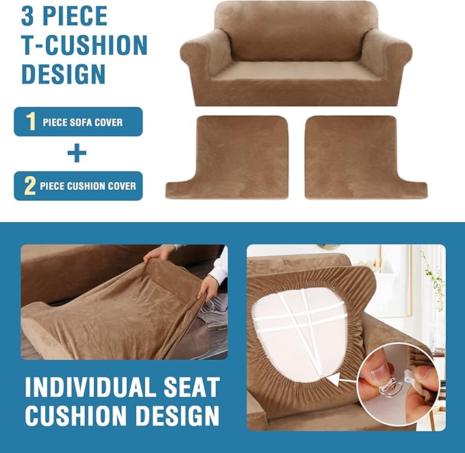 H.VERSAILTEX Sofa Cover 3 Piece T Cushion Sofa Slipcovers Thick Velvet Couch Cover Furniture Protector Stretch T Cushion Sofa Covers for 2 Cushion Couch with 2 Individual T Cushion Covers, Camel