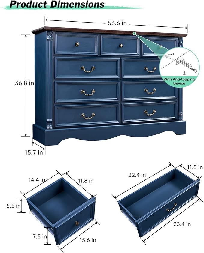 Farmhouse 9 Drawers Dresser for Bedroom with Charging Station, 54" Wide Wood Country Rustic Storage Dressers Organizer, Vintage Design Chest of Drawers TV Stand