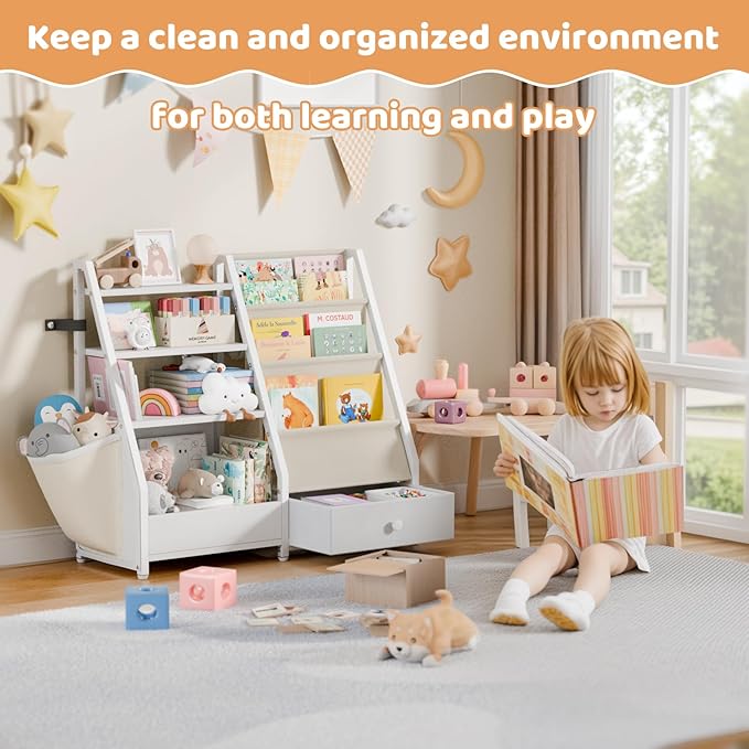 Kids Bookshelf and Toy Storage - Kids Book Shelf for Kids Rooms, Toddler Bookshelf Baby Bookcase for Nursery, Montessori Toy Organizer, White
