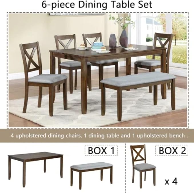 6-Piece Dining Table Set for 4-6 People, Kitchen Set with 4 Upholstered Chairs and One Bench, Living Room Chairs with X-Shape Backrest, Rectangular Wooden Table for Home Bar, Walnut