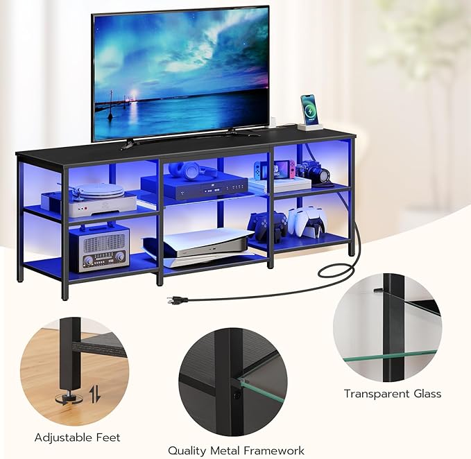 HOOBRO LED TV Stand for 65 Inch TVs with Charging Station, Gaming Entertainment Center with 3-Tier Open Storage, Long Media TV Console Table, TV Stand for Living Room, Bedroom, Black BB20UDDS01