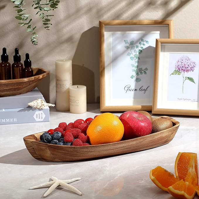 Lucky Boat Serving Tray, Acacia Solid Wood Boat Shape Plate for Serving Desserts, Fruit, Snack and Seafood or House Ornament,Key Tray,Functional and Storage Decorative Bowl。 (L)