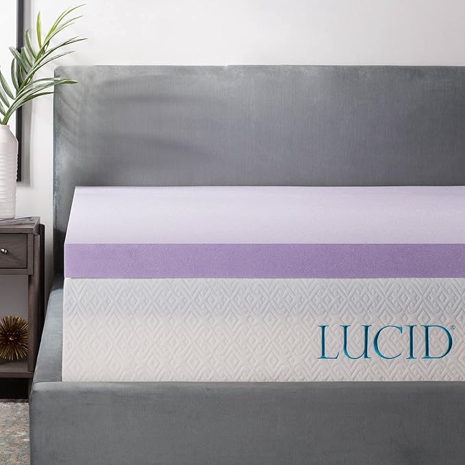Lucid 3 Inch Lavender Infused Memory Foam Mattress Topper - Ventilated Design – Pressure Relieving Bed Topper - Mattress Pad – CertiPur Certified - Twin Size