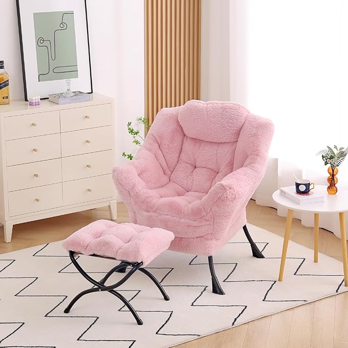 Lazy Chair with Ottoman, Modern Accent Chair Lounge Leisure Sofa Chair with Armrests, Reading Chair and Folding Footstool for Living Room, Bedroom, Office, Plush Pink