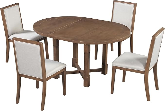 Merax 5-Piece Extendable Dining Table and 4 Upholstered Chairs, Round Oval Dining Table Set for 4, Wood MDF Kitchen Table Set with Removable Leaf for Dining Room, 42" to 58" (Brown)
