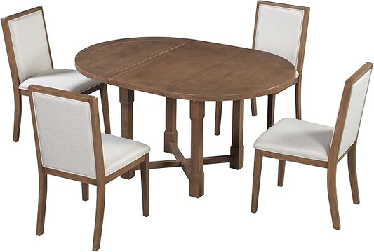 Merax 5-Piece Extendable Dining Table and 4 Upholstered Chairs, Round Oval Dining Table Set for 4, Wood MDF Kitchen Table Set with Removable Leaf for Dining Room, 42" to 58" (Brown)
