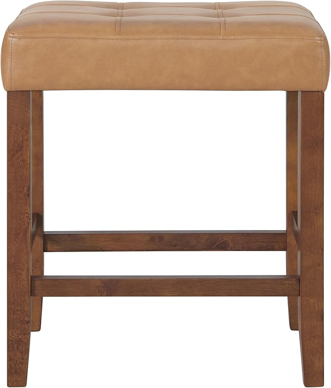 Alaterre Furniture Madison 25-Inch Bar Stool with Faux Leather Seat - Counter Height Stool for Kitchen Island or Bar - Backless Barstools (Cognac/Walnut)