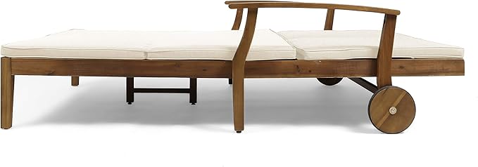 Great Deal Furniture Samantha Double Chaise Lounge for Yard and Patio, Acacia Wood Frame, Teak Finish with Cream Cushions, (307569)
