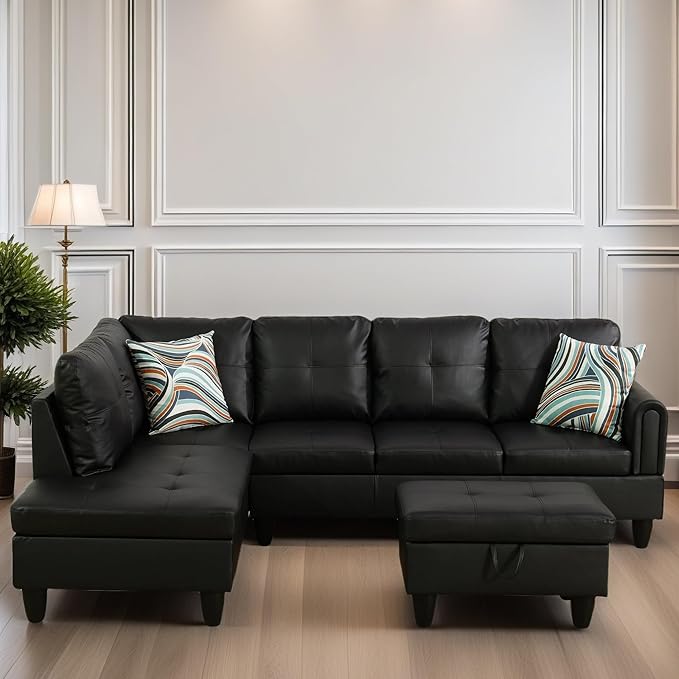 L Shaped Sectional Couches for Living Room, Modular Sectional Sofa with Ottoman Storage, Modern Comfy 4 Seat L Shaped Couch with Chaise for Bedroom Apartment Furniture, Black
