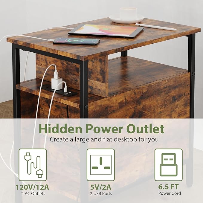 End Table with Charging Station, Narrow Side Table with 2 Fabric Drawer & Storage Shelf, USB Ports & Power Outlets, Narrow Nightstand for Bedroom Living Room and Small Spaces, Rustic Brown