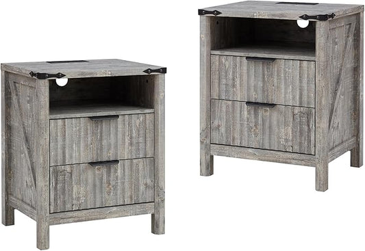 Grey Nightstand with Charging Station Set of 2-20 Inch Wide Farmhouse Fluted Bedside Table with 2 Drawers, Modern Wood End Side Table for Bedroom Study Storage Home