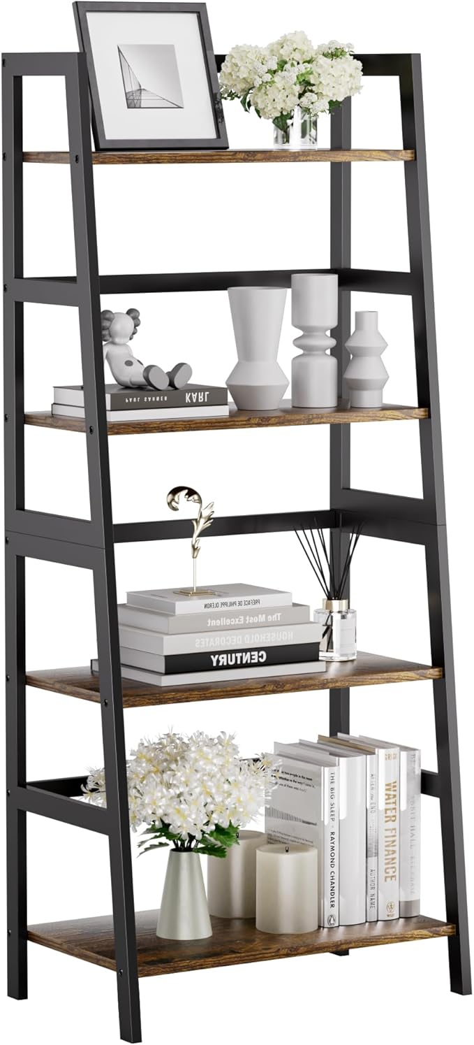 HITNET Ladder Shelf, 4 Tier Bookshelf with Bamboo Frame, Freestanding Bathroom Storage Shelving Unit for Living Room, Home Office, Bedroom, Rustic Brown and Black