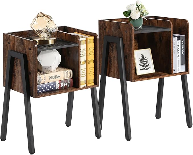 VECELO Nightstand Industrial End Table,Bedside Table with 2-Tier Open Storage Shelves,Wood Side Table with Metal Frame for Bedroom, Living Room,Small Spaces