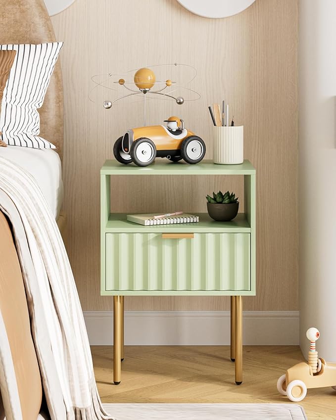 Nightstand,Modern Bedside Table with Gold Frame,Green Night Stand,Bedside Furniture, Modern Side Table with Drawer and Shelf for Bedroom,Living Room (Green)