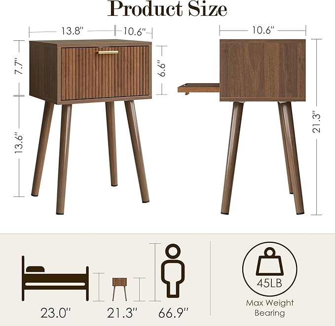 Night Stand, Walnut Nightstand with Fluted Door, Small Modern Mid-Century Bedside Table for Bedroom, End Table for Living Room