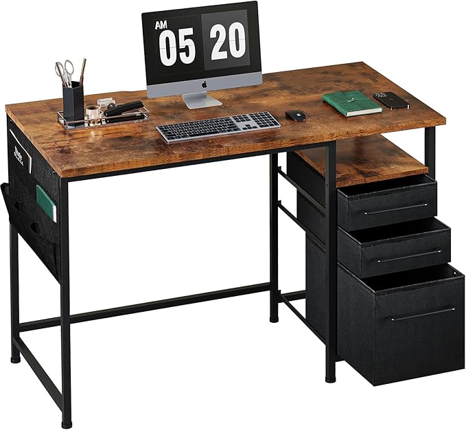 Ｍａｉｈａｉｌ Maihail Small Desk with Drawers, 40 inch Computer Desk with Shelves, Writing Desk with Storage, Small Office Desk with Metal Frame, Rustic Brown