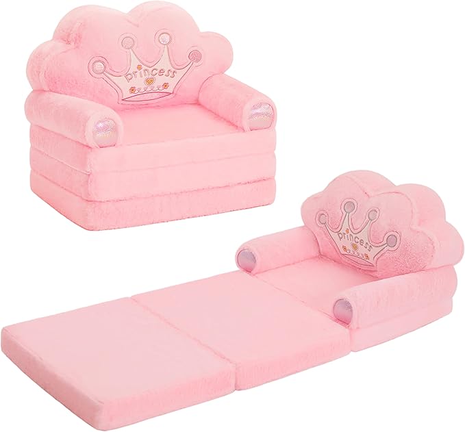 MOONBEEKI Toddler Chair Comfy，Foldable Princess Kids Couch for Girl, Toddler Recliners for Kids Over 18 Months, Baby Furniture for Bedroom and Playroom，Pink