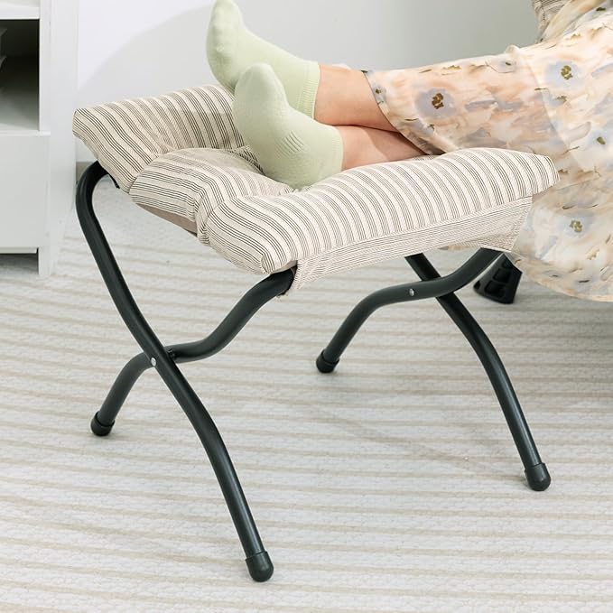 HollyHOME Fabric Lazy Chair with Foldable Ottoman, Accent Comfy Lounge Arm Chair and Folding Footrest Stool Set, Leisure Sofa Reading Chair and Footstool for Living Room, Bedroom, Dorm, Beige Stripe