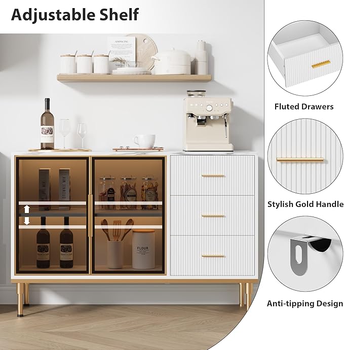 Buffet Sideboard Cabinet with Storage, 46.4" Large Fluted Kitchen Sideboard Cabinet with 2 Glass Doors 3 Drawers and Shelves, Faux Marble Top Buffet Table for Dining Room, Living Room, White