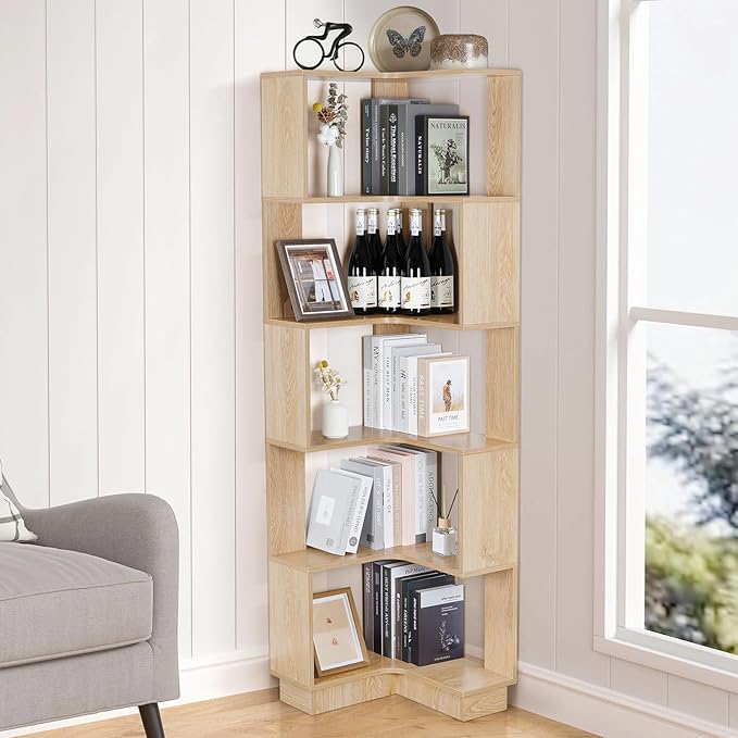Wooden Corner Bookcase, 5 Tiers Corner Bookshelf 68.9" L-Shaped Storage Display Rack Tall Large Open Bookshelf with Fixture for Living Room Bedroom Study Office