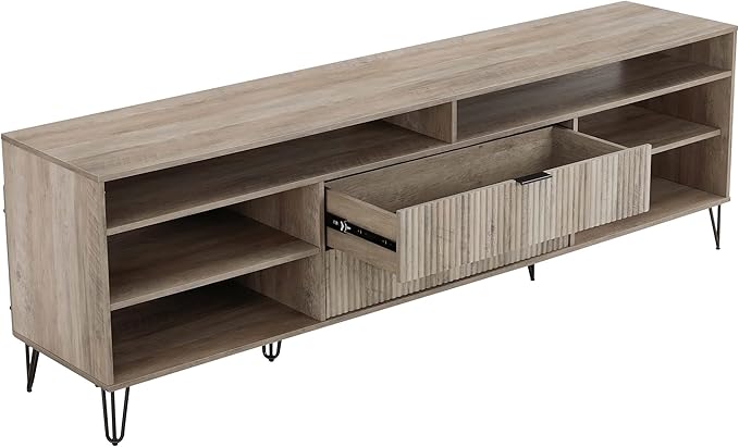 Manhattan Comfort Dumbo Mid Century Modern TV Stand for Televisions up to 80 Inches, Home Entertainment Center with Storage, 6 Shelves, 2 Drawers, No Tool Assembly, 85" Wide, Rustic Grey