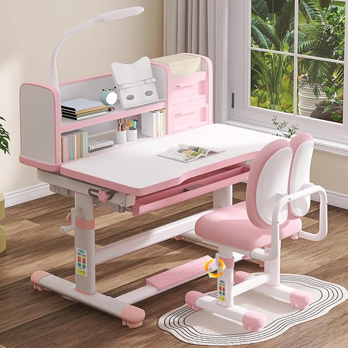 Kids Study Desk and Chair Set 3-18 Years Kids Desk and Chair Set Ergonomic Height Adjustable Children School Study Desk with Tilt Desktop, Drawer Boy and Girl Table and Chair Set