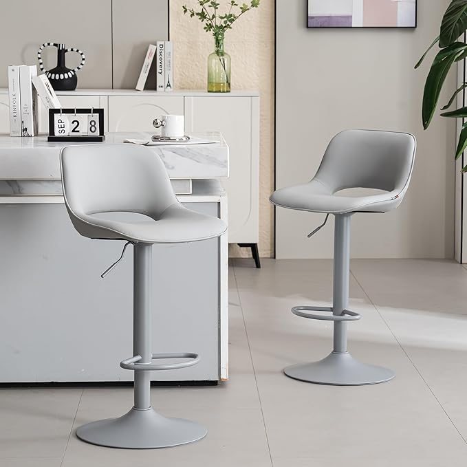 YOUNIKE Bar Stools Set of 2 All Grey Swivel Barstools, Adjustable Counter Height Bar Stools Faux Leather Upholstered Counter Stools with Hollow Back for Kitchen Island