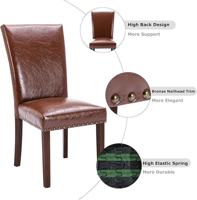 COLAMY Upholstered Parsons Dining Chairs Set of 2, PU Leather Dining Room Kitchen Side Chair with Nailhead Trim and Wood Legs - Light Brown