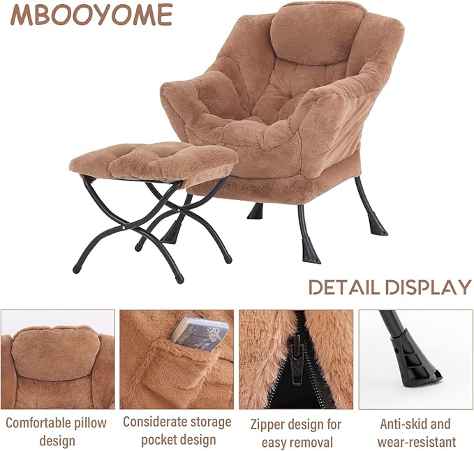 Lazy Chair with Folding Ottoman, Modern Accent Lounge Armchair with Armrests and a Side Pocket & Foldable Footstool, Leisure Reading Chair for Living Room, Bedroom, Dorm & Office, Plush Brown