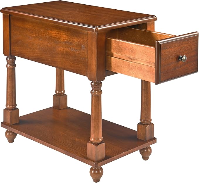 LEEMTORIG Set of 2 Solid Wood End Table Narrow Side Table with Drawer, Cherry Wood End Table Living Room, 13" W Slim Bedside Table, 22" D x 22.3" H, No-Tools Assembly, Beeswax Brown BBJ-004-DR