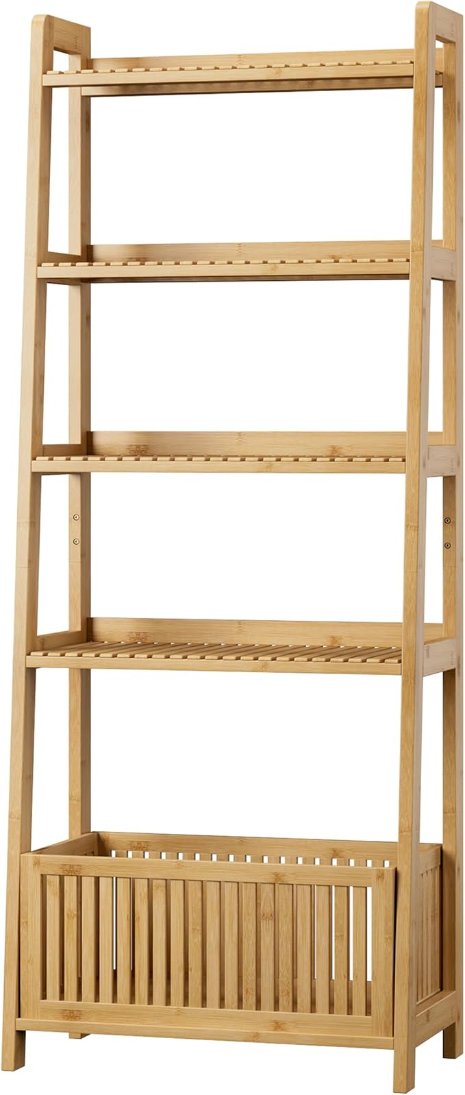 Bamjoy Bamboo Ladder Shelf, Bookshelf with 4 Display Shelves and 1 Open Storage Basket, Multifunctional Storage Rack Organizer for Home Office, Bedroom, Living Room, 66” H Natural