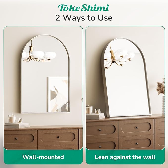 TokeShimi 26x38 Silver Arched Mirror Bathroom with Tempered Glass,Aluminum Frame,Arched Wall Mirror for Bathroom,Bedroom,Entryway
