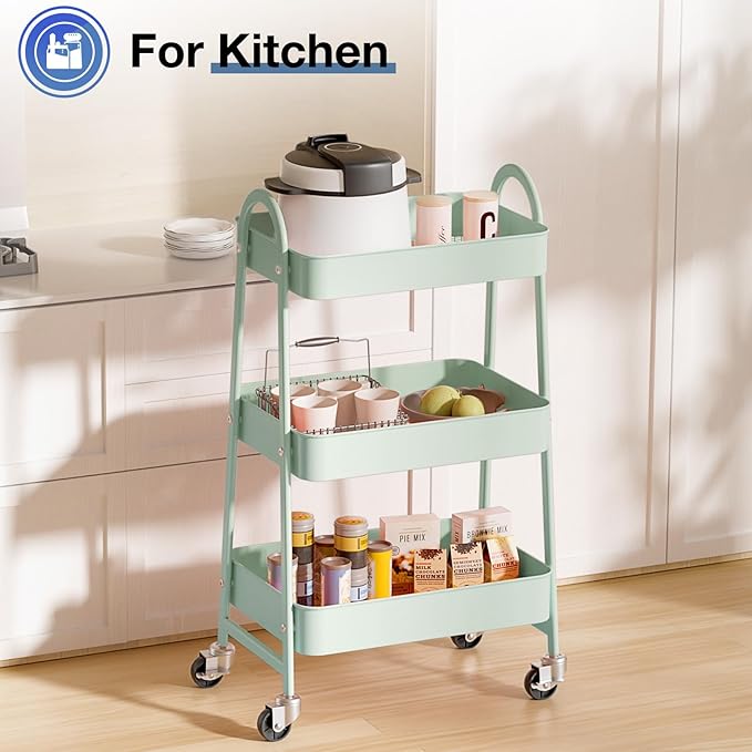 OLIXIS 3 Tier Utility Rolling Cart with Lockable Caster Wheels, Metal Mobile Storage Shelf, Organization for Livingroom, Bathroom, Kitchen, & Narrow Places, Pale Green