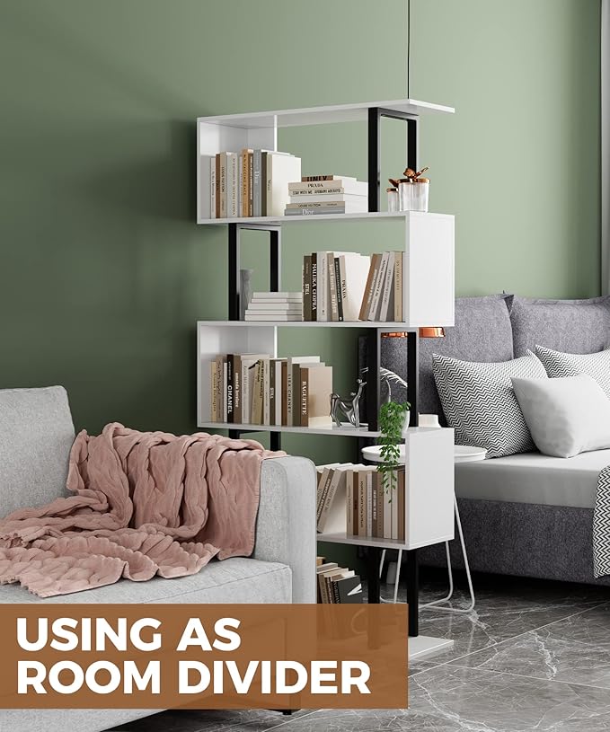 Gadroad 5 Tier Geometric Bookcase,S Shaped Bookshelf, Wood Decorative Storage Shelving, Modern Freestanding Display Shelves, Tall Book Shelf Unit for Living Room Bedroom, White