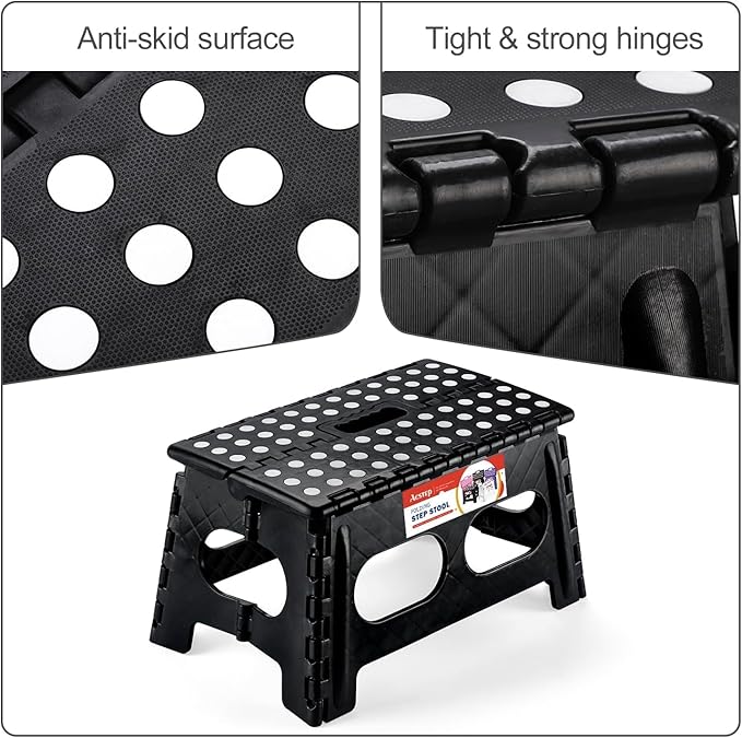 ACSTEP Folding Step Stool, 15-Inch Extra Wide 9Inch Height Heavy Duty Stepping Stool More Safe and Comfortable Non Slip Foldable Step Stool for Kids and Adults Black, 10 Pack