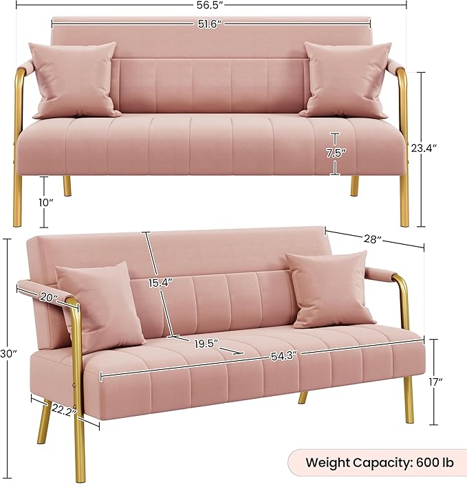 Yaheetech 56.5" W Modern Sofa Small Sofa Luxurious Velvet Fabric Couch with Gold-Tone Metal Arms and Legs for Living Room, Home Office, Studio Pink