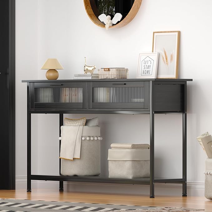 Aetheris 47" Console Table with 2 Drawers, 2 Tier Sofa Table with Storage,Entryway Table, Industrial Console Table for Entryway, Sofa Table Behind Couch for Living Room, Black