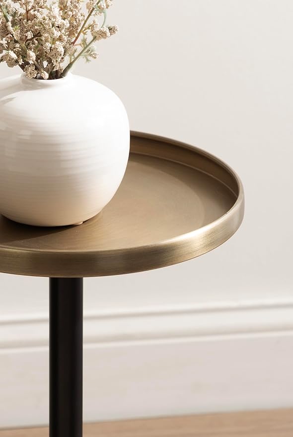 Kate and Laurel Tira Elegant Round Drink Table, 10 x 22, Antique Brass and Black, Vintage Glam Circle Martini Table for Use as a Small Bedroom Nightstand or Living Room Plant Stand Option
