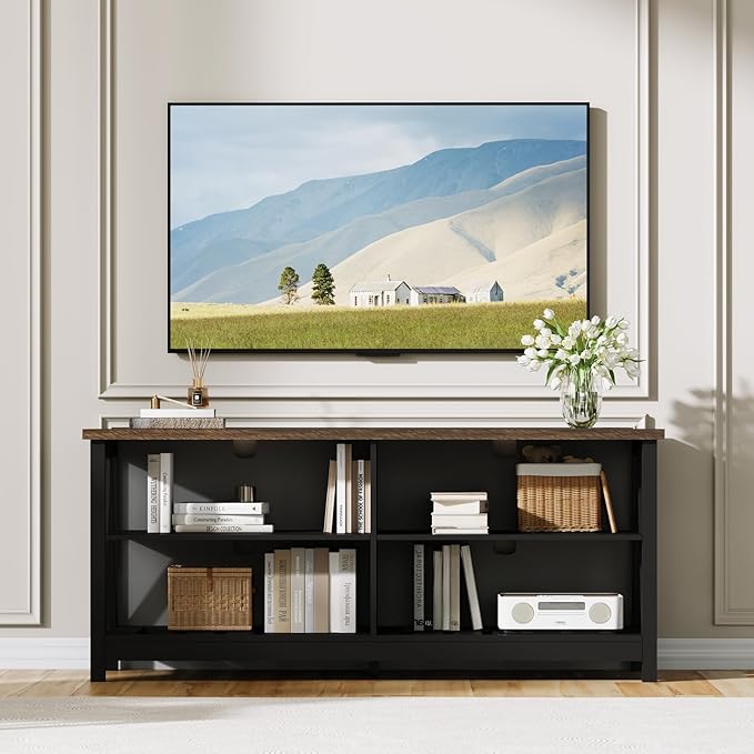 ChooChoo Farmhouse TV Stand for TVs up to 55 Inch, Modern Entertainment Center with 4 Open Shelves & Built-in Cable Holes, Media TV Console for Living Room, Bedroom, Black