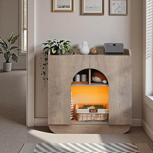 Pmnianhua Farmhouse Entryway Console Table with Storage,Modern LED Light Storage Cabinet with 3 Doors,Rounded Edges, Plywood Construction,Accent Sideboard for Living Room,Hallway,Bedroom(Grey)