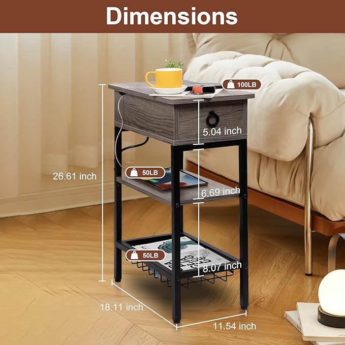 Small Gray Side Table Charging Station for Bedroom, Narrow Grey Living Room End Tables with Storage, Skinny USB Nightstand with Outlet, Gaming Coffee Table for Couch with USB Ports